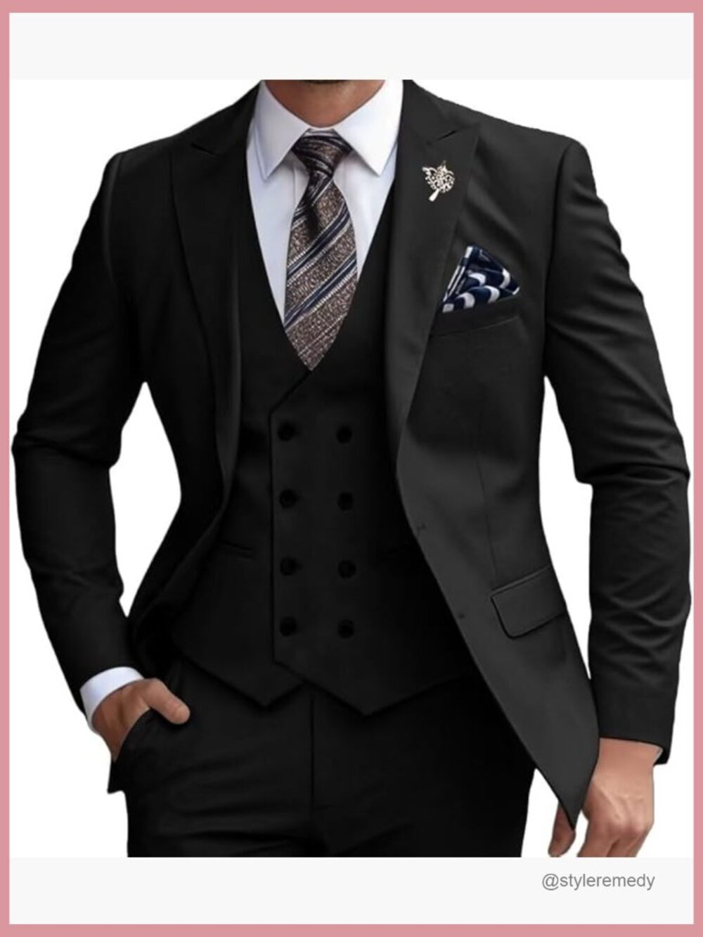 Double Breasted 3 Piece Suit Set Polyester Viscose Blazer Vest Pants